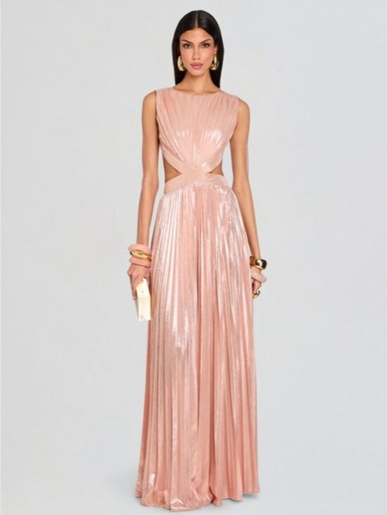 Retrofete Dresses & Skirts - Retrofete Metallic Blush Cutout Pleated Maxi Gown.